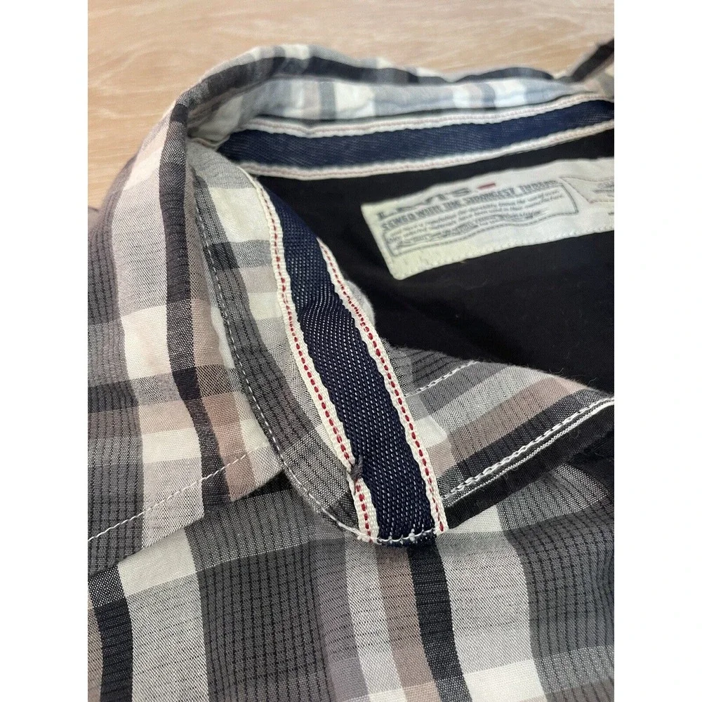 Levis Men L Western Pearl Snap Button up  Shirt Plaid Cotton Piping‎ CowBoy Gray